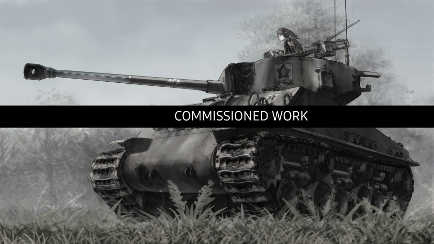 1girl browning_m2 closed_mouth commission emblem english_commentary english_text extra frown girls_und_panzer grass ground_vehicle headphones highres holding medium_hair military military_vehicle motor_vehicle muted_color outdoors ponytail radio saunders_(emblem) saunders_military_uniform sherman_firefly star_(symbol) tank useless watermark
