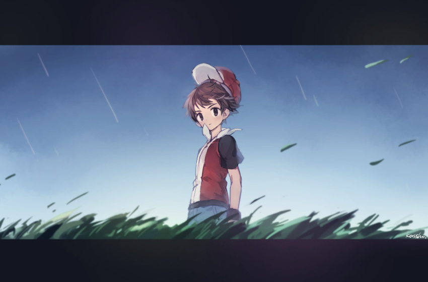 1boy black_shirt brown_eyes brown_hair closed_mouth commentary_request grass highres jacket kashiwa_(kasshiwa10) leaves_in_wind looking_to_the_side male_focus pants pokemon pokemon_(game) pokemon_frlg popped_collar rain red_(pokemon) red_jacket shirt short_hair short_sleeves solo standing wristband