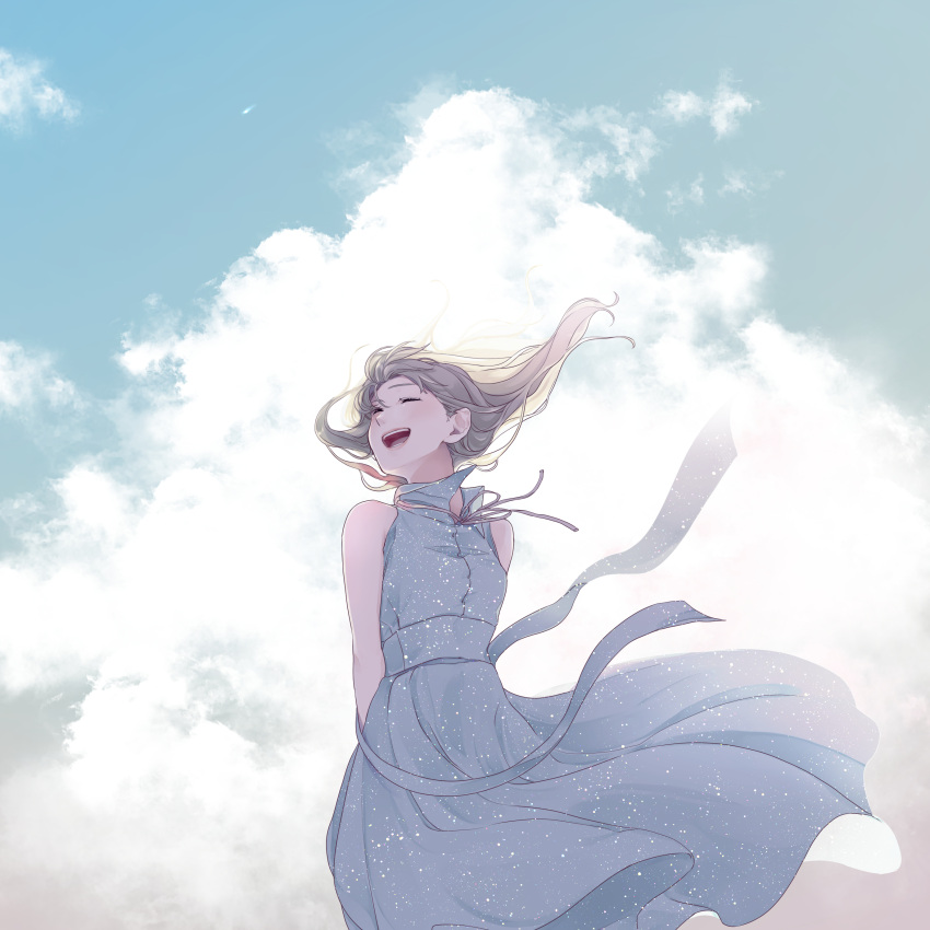 1girl absurdres arms_behind_back bare_arms bare_shoulders blue_dress blue_sky closed_eyes clouds cloudy_sky collared_dress commentary_request dress grey_hair happy highres long_dress long_hair maeda_mic neck_ribbon open_mouth original ribbon sky sleeveless sleeveless_dress smile solo sundress upper_teeth