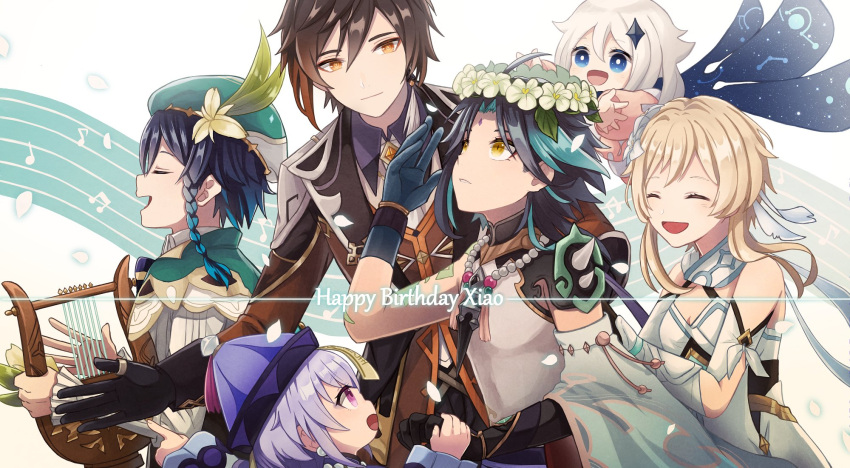 3boys 3girls ahoge androgynous arm_guards arm_tattoo armor asymmetrical_clothes bangs bare_shoulders bead_necklace beads beret black_gloves black_hair blonde_hair blue_eyes blue_hair bow braid breasts brown_hair cape closed_eyes closed_mouth collared_cape collared_shirt commentary_request corset detached_sleeves diamond-shaped_pupils diamond_(shape) dress earrings english_text eyebrows_visible_through_hair eyeshadow facial_mark flower forehead_mark formal frilled_sleeves frills genshin_impact gloves gradient_hair green_gloves green_hair green_headwear hair_between_eyes hair_flower hair_ornament hand_on_another's_back happy_birthday hat highres holding holding_hands holding_instrument instrument jacket jewelry leaf long_hair long_sleeves looking_at_another looking_up lumine_(genshin_impact) lyre makeup multicolored_hair multiple_boys multiple_girls music musical_note necklace open_mouth paimon_(genshin_impact) parted_bangs pendant petals purple_hair purple_headwear qiqi_(genshin_impact) red_eyeshadow scarf shirt short_hair short_hair_with_long_locks shoulder_armor shoulder_pads shoulder_spikes simple_background singing single_bare_shoulder single_detached_sleeve single_earring slit_pupils smile spikes su34ma suit symbol-shaped_pupils tassel tassel_earrings tattoo thumb_ring twin_braids two-tone_hair venti_(genshin_impact) violet_eyes vision_(genshin_impact) white_background white_dress white_flower white_hair white_shirt wide_sleeves wreath xiao_(genshin_impact) yellow_eyes zhongli_(genshin_impact)