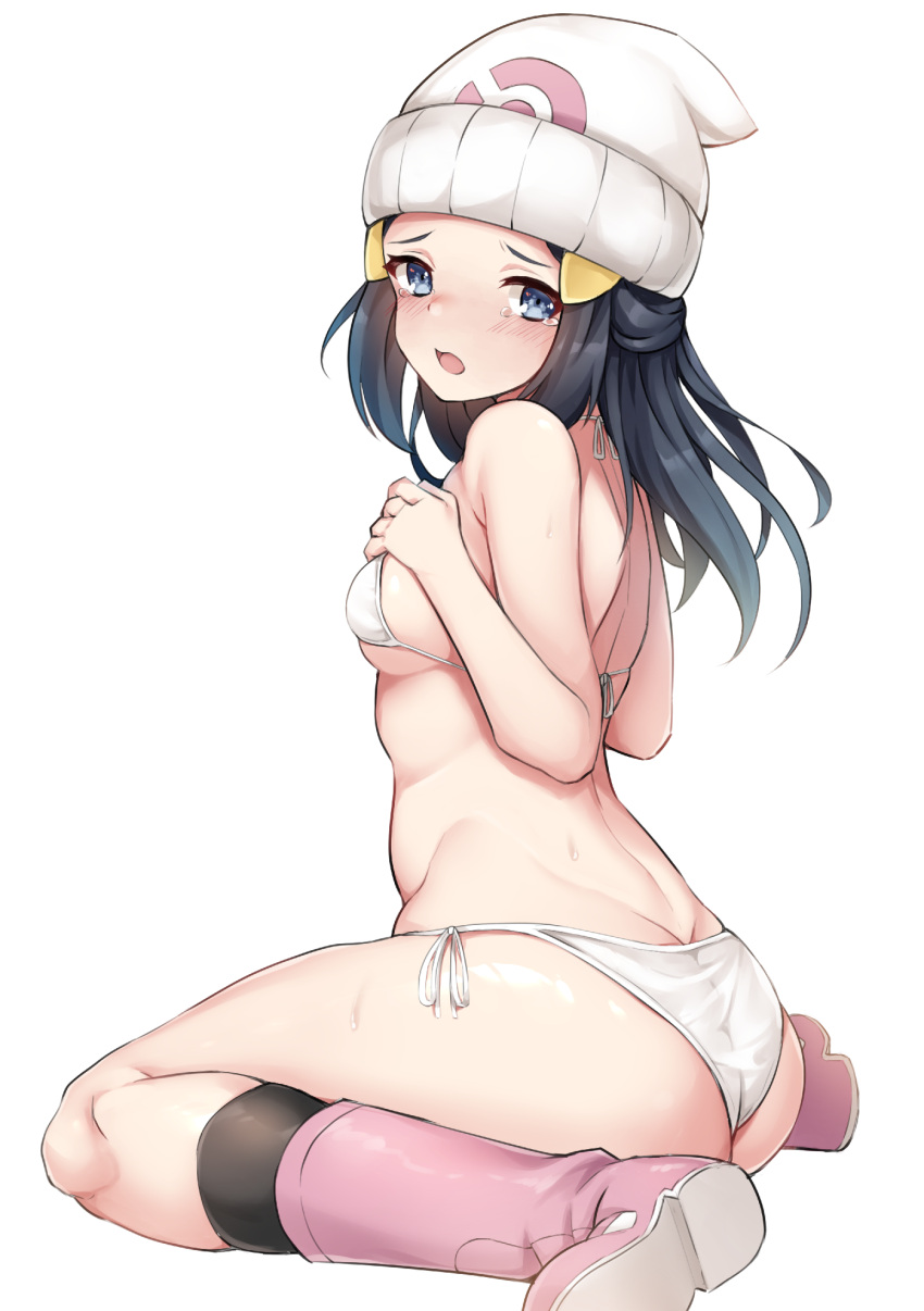 1girl ass beanie blue_eyes blue_hair blush boots breasts hikari_(pokemon) hair_ornament hairclip hat highres long_hair looking_at_viewer nene_(hong_kong) open_mouth pink_footwear pokemon scarf simple_background sitting small_breasts solo swimsuit swimwear thighs wariza white_background
