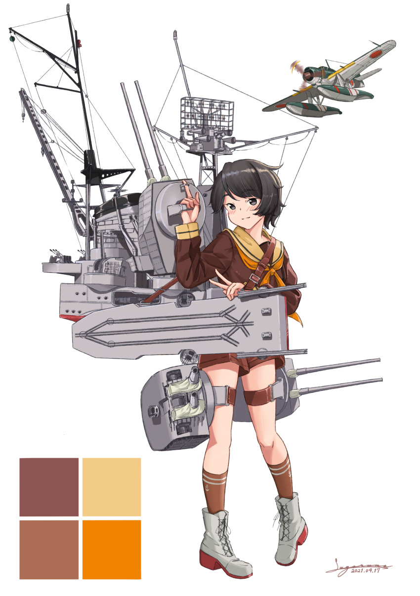 1girl absurdres aircraft airplane black_eyes black_hair boots brown_legwear brown_sailor_collar brown_shirt brown_shorts color_guide cross-laced_footwear flight_deck full_body highres kantai_collection kneehighs lace-up_boots looking_at_viewer machinery mast mogami_(kancolle) neckerchief orange_neckwear remodel_(kantai_collection) sagoromo_04 sailor_collar shirt short_hair shorts simple_background smokestack solo standing white_background