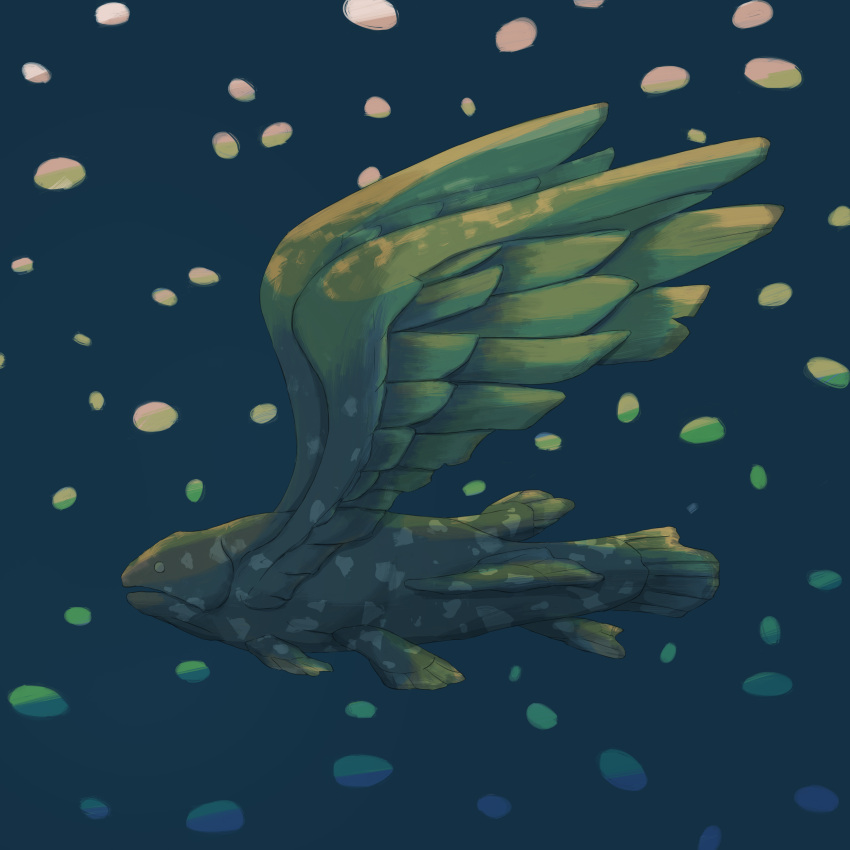 absurdres animal_focus avogado6 blue_background coelacanth fish from_side highres multiple_wings no_humans original spread_wings underwater wings