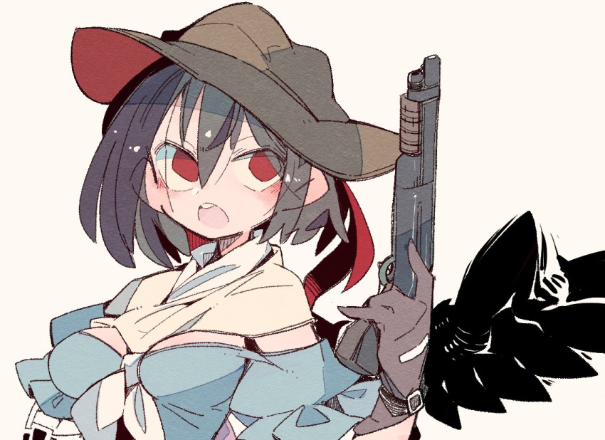 1girl adapted_costume black_hair black_wings blue_shirt breasts brown_gloves brown_headwear cowboy_hat feathered_wings gloves gun hand_up hat holding holding_gun holding_weapon kurokoma_saki ma_sakasama medium_breasts neckerchief open_mouth red_eyes shirt solo touhou trigger_discipline upper_body upper_teeth weapon weapon_request wings