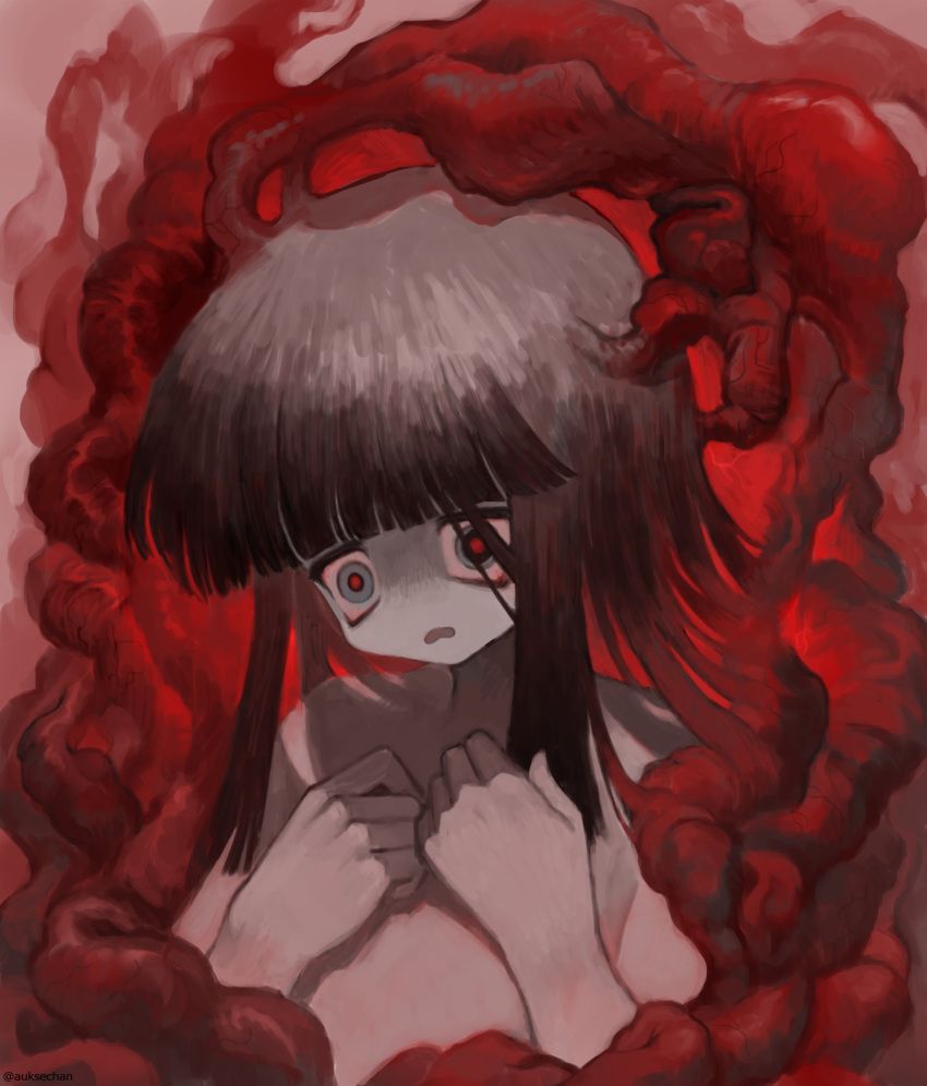 1girl auksechan bangs blunt_bangs flesh grey_eyes grey_hair hands_up highres long_hair no_nose open_mouth original portrait red_pupils red_theme shadow solo