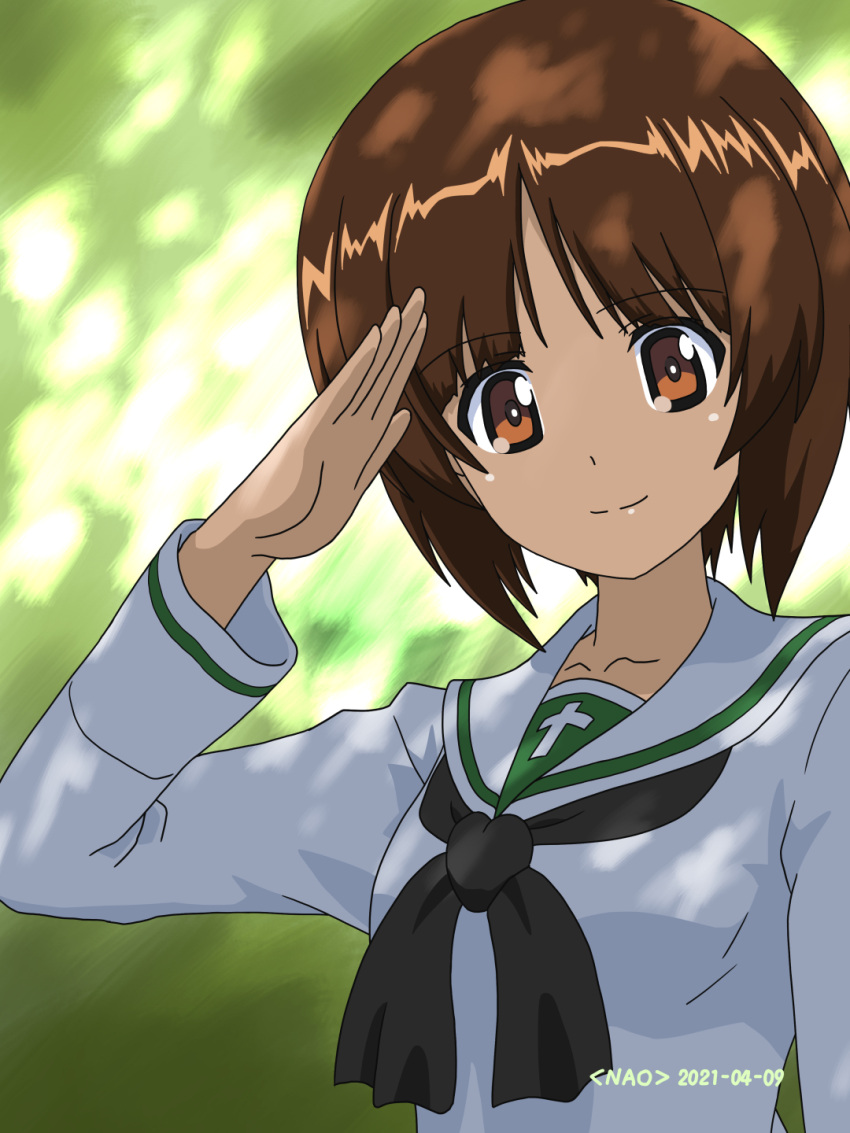 1girl artist_name bangs brown_eyes brown_hair closed_mouth commentary dappled_sunlight dated day girls_und_panzer highres looking_at_viewer naotosi nishizumi_miho ooarai_school_uniform outdoors salute school_uniform short_hair smile solo sunlight upper_body