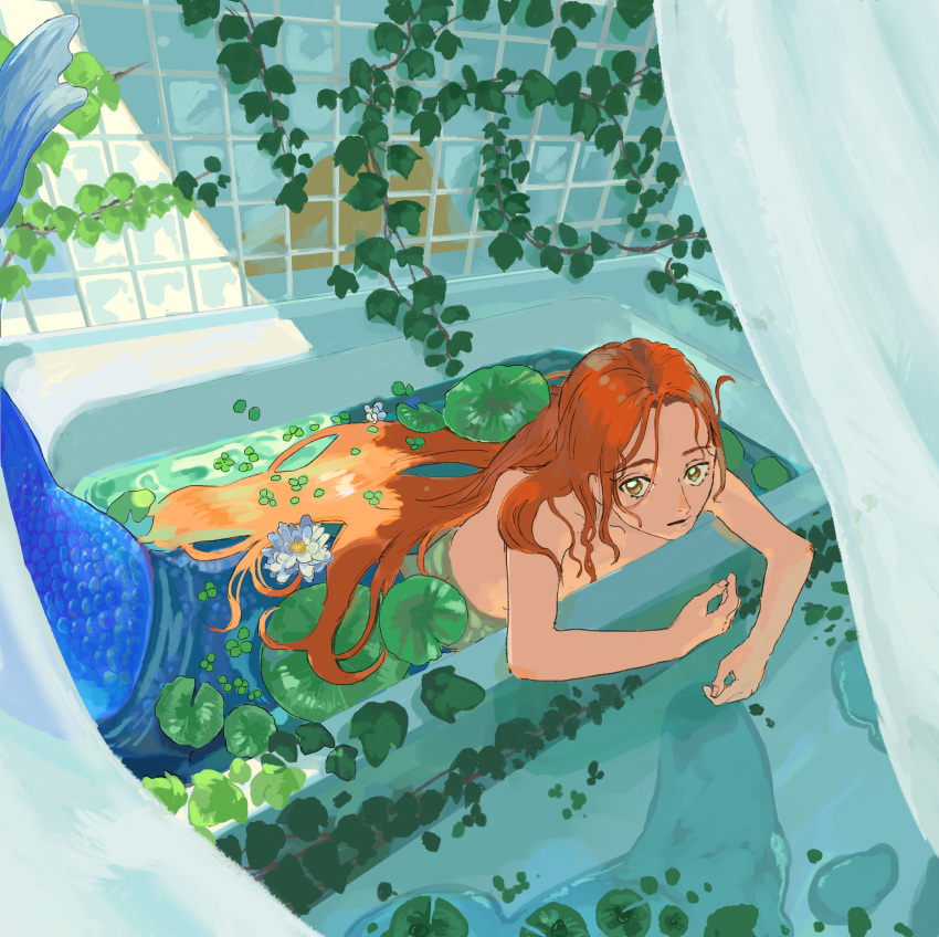 1girl absurdres bathtub flower highres kikyo_nggg leaf lily_pad long_hair mermaid monster_girl orange_hair original partially_submerged plant shower_curtain solo topless vines white_flower