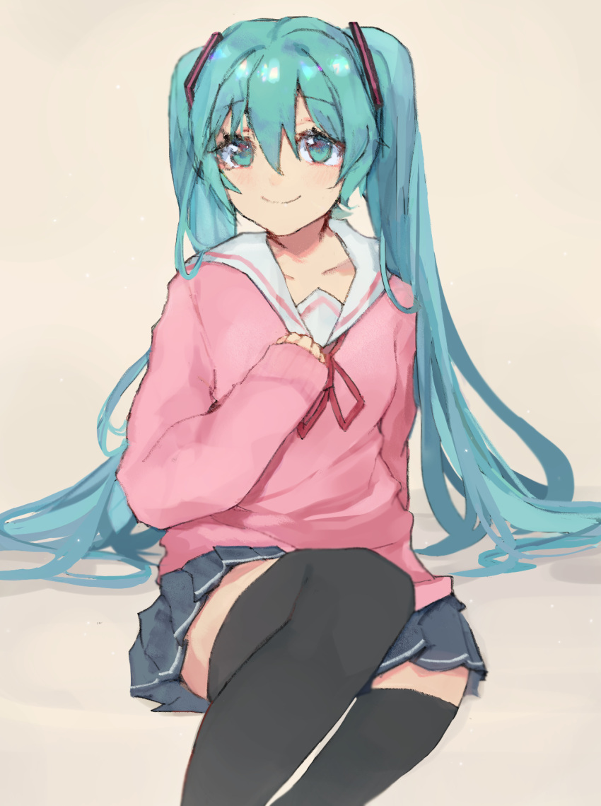 1girl alternate_costume bangs beige_background blue_eyes blue_hair blue_skirt collarbone hair_between_eyes hand_on_own_chest hatsune_miku highres long_hair looking_at_viewer pink_sweater sailor_collar shiteyan'yo_(siruha_253) sitting skirt sleeves_past_wrists smile solo sweater thigh-highs twintails very_long_hair vocaloid