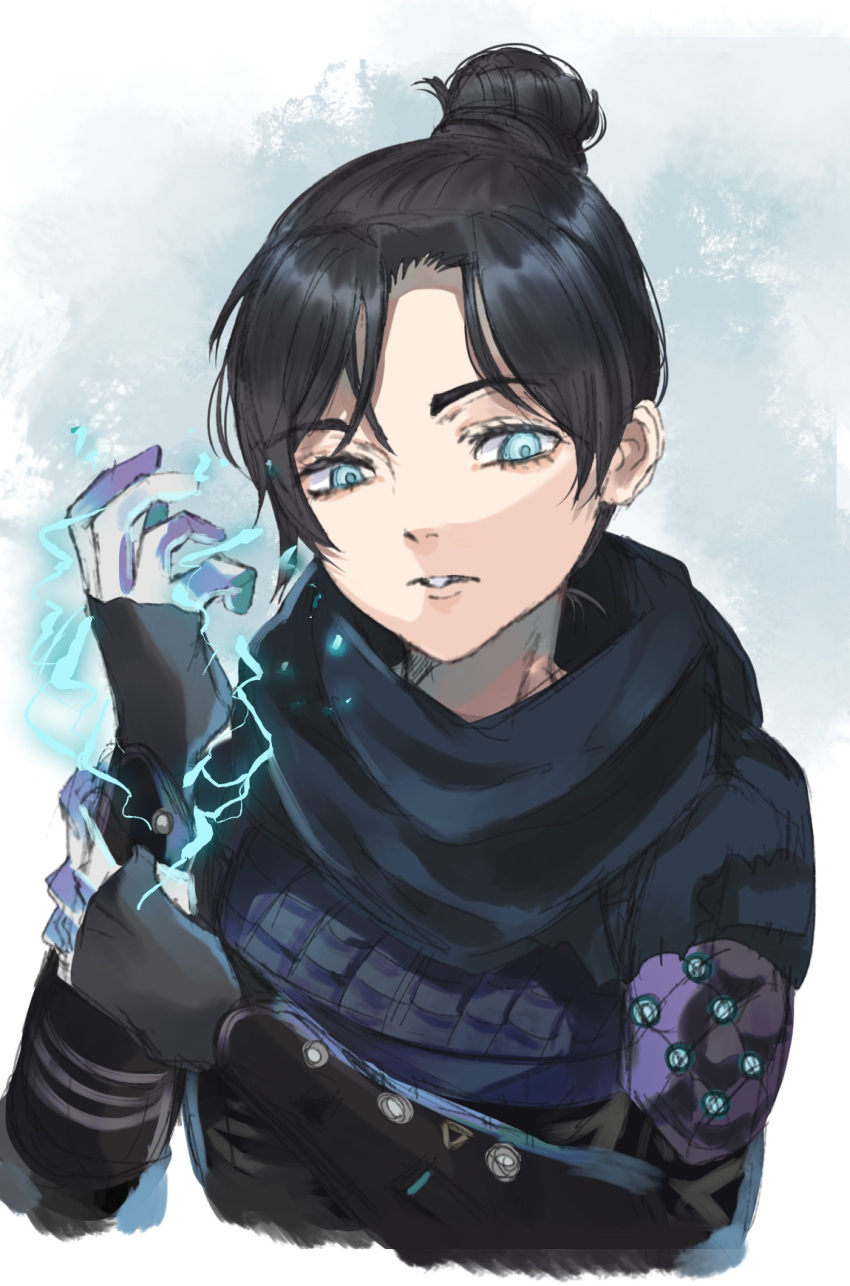 1girl apex_legends bangs black_hair black_scarf blue_eyes breasts cropped_torso electricity eyebrows_visible_through_hair glowing glowing_eyes hair_behind_ear hair_bun highres holding_own_arm kayanogura looking_down medium_breasts parted_bangs parted_lips scarf solo upper_body wraith_(apex_legends)