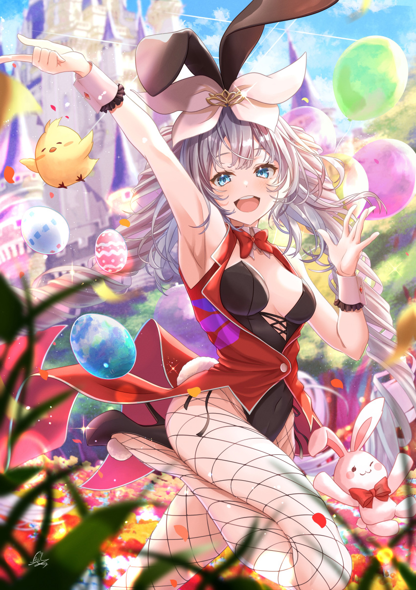 1girl :d absurdres alternate_costume animal_ears arm_up armpits bird black_footwear black_leotard blue_eyes bow bowtie castle chick cowboy_shot curly_hair detached_collar easter easter_egg egg fate/grand_order fate_(series) fishnet_legwear fishnets grey_hair hair_bow happy high_heels highres huge_filesize leotard long_hair looking_at_viewer marie_antoinette_(fate) open_mouth playboy_bunny rabbit_ears red_bow red_vest smile solo totomiya twintails vest white_bow