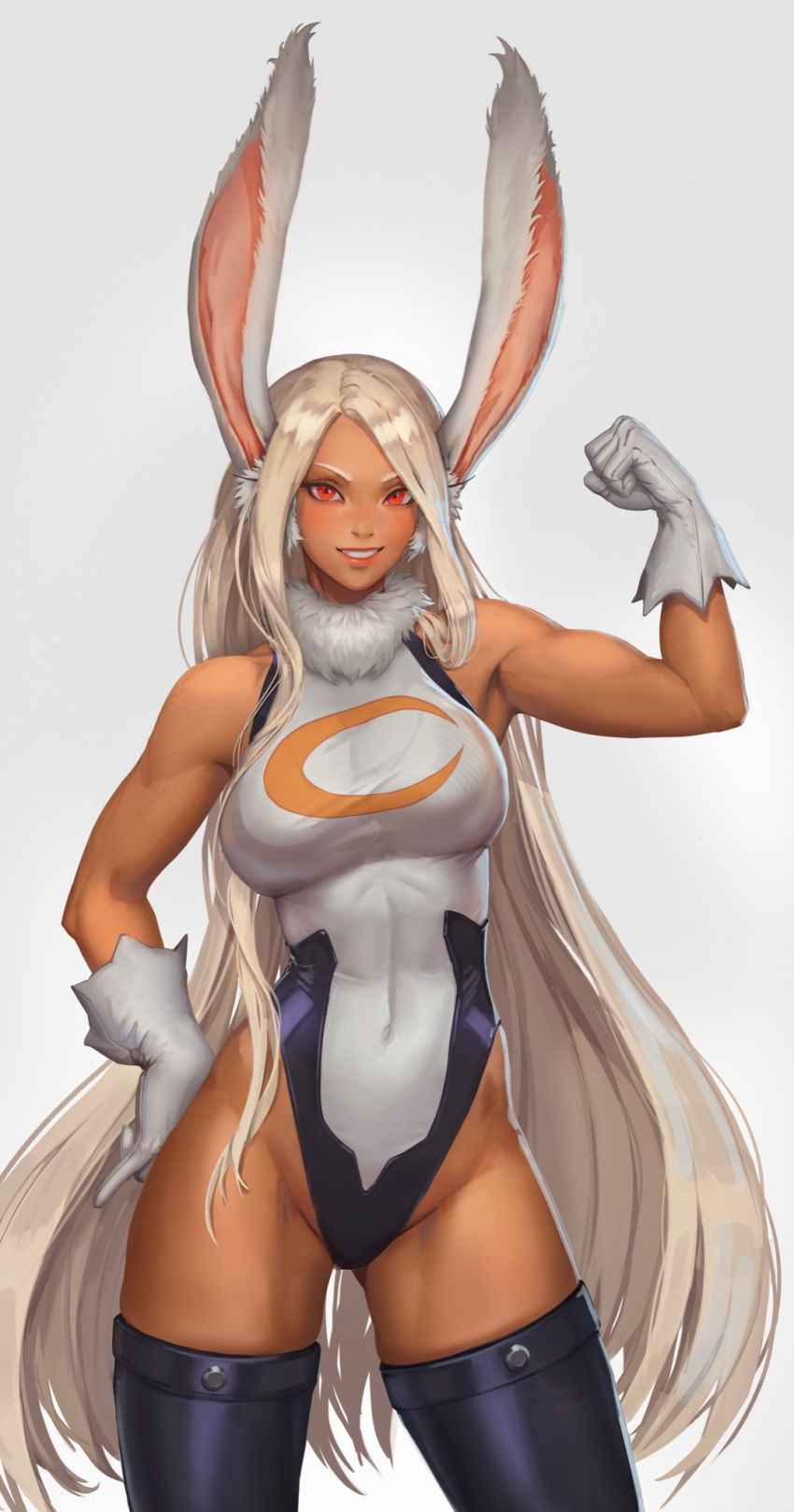 1girl animal_ears artist_request bangs boku_no_hero_academia breasts bunny_tail dark_skin dark-skinned_female gloves highres large_breasts leotard long_hair looking_at_viewer mirko muscular muscular_female rabbit_ears rabbit_girl red_eyes smile solo tail thigh-highs thighs white_gloves white_hair