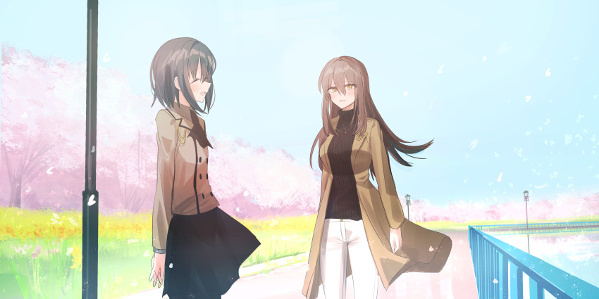 2girls :d ^_^ absurdres ascot bangs black_neckwear black_skirt black_sweater blush borrowed_character brown_coat brown_eyes brown_hair brown_shirt chihuri closed_eyes coat collared_shirt eyebrows_visible_through_hair flower grey_hair hair_between_eyes highres jewelry lamppost long_hair long_sleeves looking_at_another multiple_girls open_clothes open_coat open_mouth original pants pendant pink_flower profile railing ribbed_sweater shirt skirt smile sweater tree turtleneck turtleneck_sweater very_long_hair white_flower white_pants yellow_flower