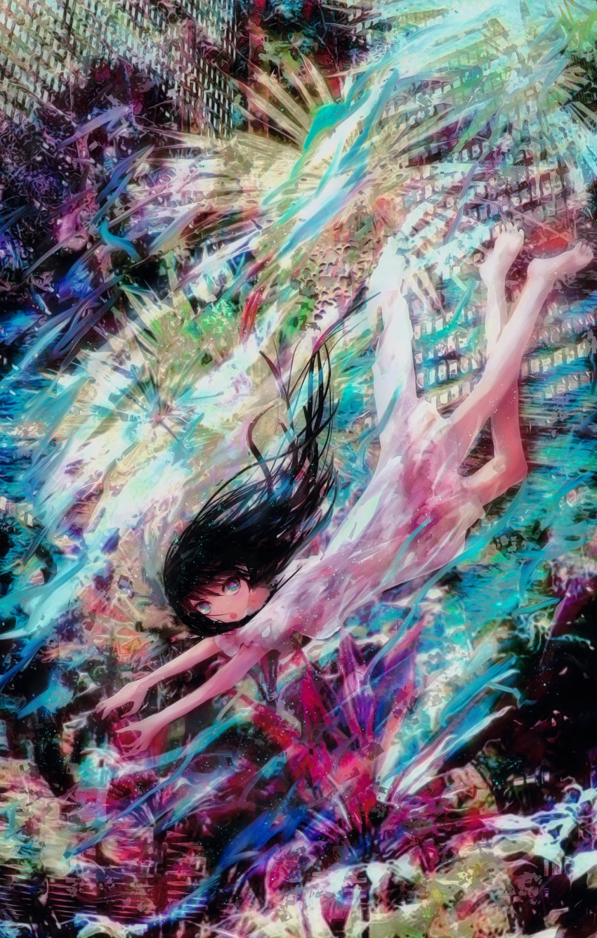 1girl abstract bangs barefoot black_hair blue_eyes building dress falling hat9less highres long_hair no_nose open_mouth original short_sleeves solo surreal white_dress