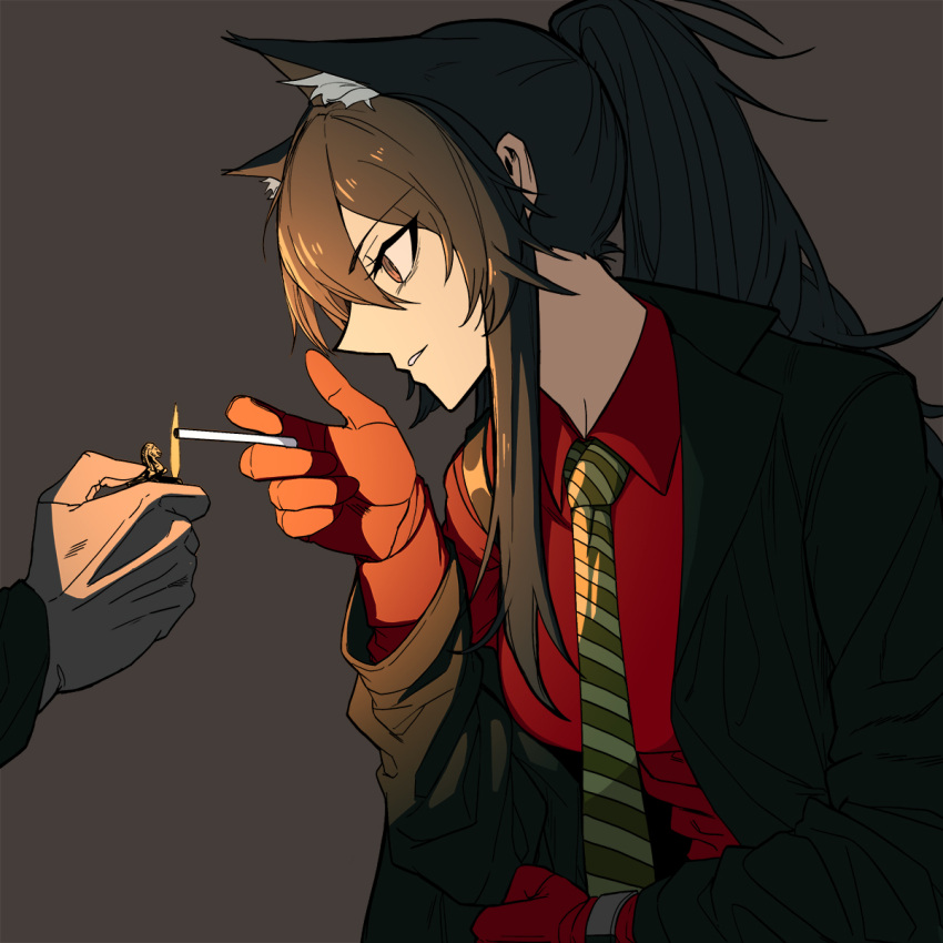 1girl 1other animal_ear_fluff animal_ears arknights black_hair black_jacket brown_gloves cigarette commentary english_commentary eyebrows_visible_through_hair fkskii65 gloves grey_background highres holding holding_cigarette jacket lighting_cigarette long_hair looking_at_another necktie official_alternate_costume ponytail profile red_eyes red_gloves red_shirt shirt sidelocks simple_background solo_focus striped striped_neckwear texas_(arknights) texas_(willpower)_(arknights) upper_body wolf_ears wolf_girl