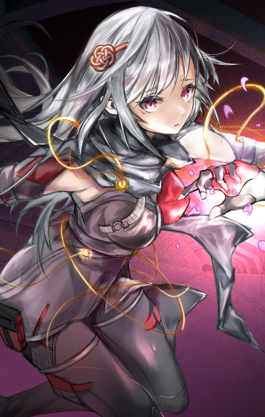 1girl absurdres bangs black_scarf breasts commentary_request elbow_gloves eyebrows_visible_through_hair furofuroppi gloves hair_ornament highres huge_filesize kasane_randall long_hair looking_at_viewer medium_breasts pink_eyes scarf scarlet_nexus sidelocks solo white_hair