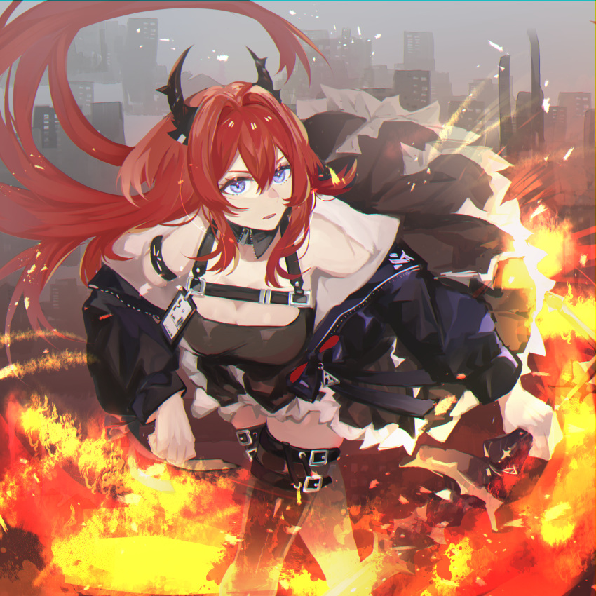arknights bare_shoulders demon_girl demon_horns dress fire highres holding holding_weapon horns kneehighs looking_at_viewer redhead surtr_(arknights) violet_eyes weapon yukinohito_(koutyanomitai)