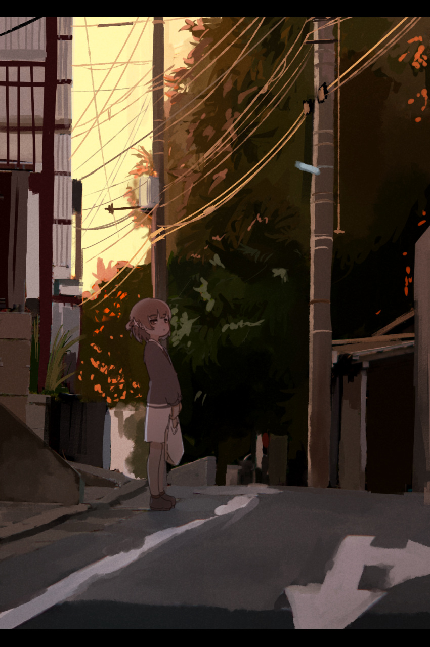 1girl bag bangs brown_eyes brown_hair expressionless eyebrows_visible_through_hair from_side hatoba_tsugu highres holding holding_bag house kuro_kosyou letterboxed looking_at_viewer no_hat no_headwear outdoors power_lines road shoes solo standing tree tsugu_(vtuber) utility_pole