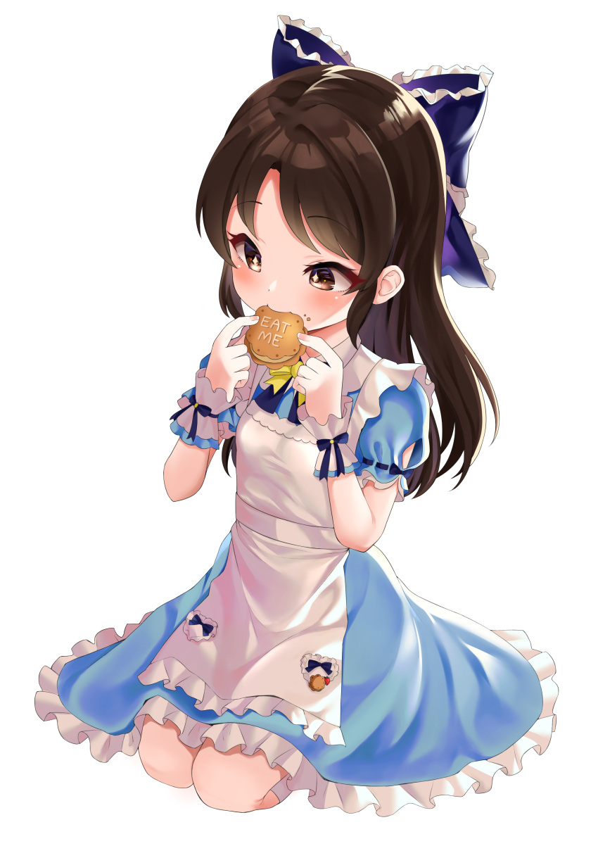 1girl absurdres alternate_costume apron black_hair blue_dress blue_ribbon blush cookie crumbs dress eating enmaided food frilled_apron frilled_cuffs frilled_dress frilled_ribbon frills furong_(furong_0) highres holding_cookie idolmaster idolmaster_cinderella_girls idolmaster_cinderella_girls_starlight_stage kneeling long_hair looking_at_food maid neck_ribbon ribbon simple_background solo sparkling_eyes tachibana_arisu white_background white_legwear