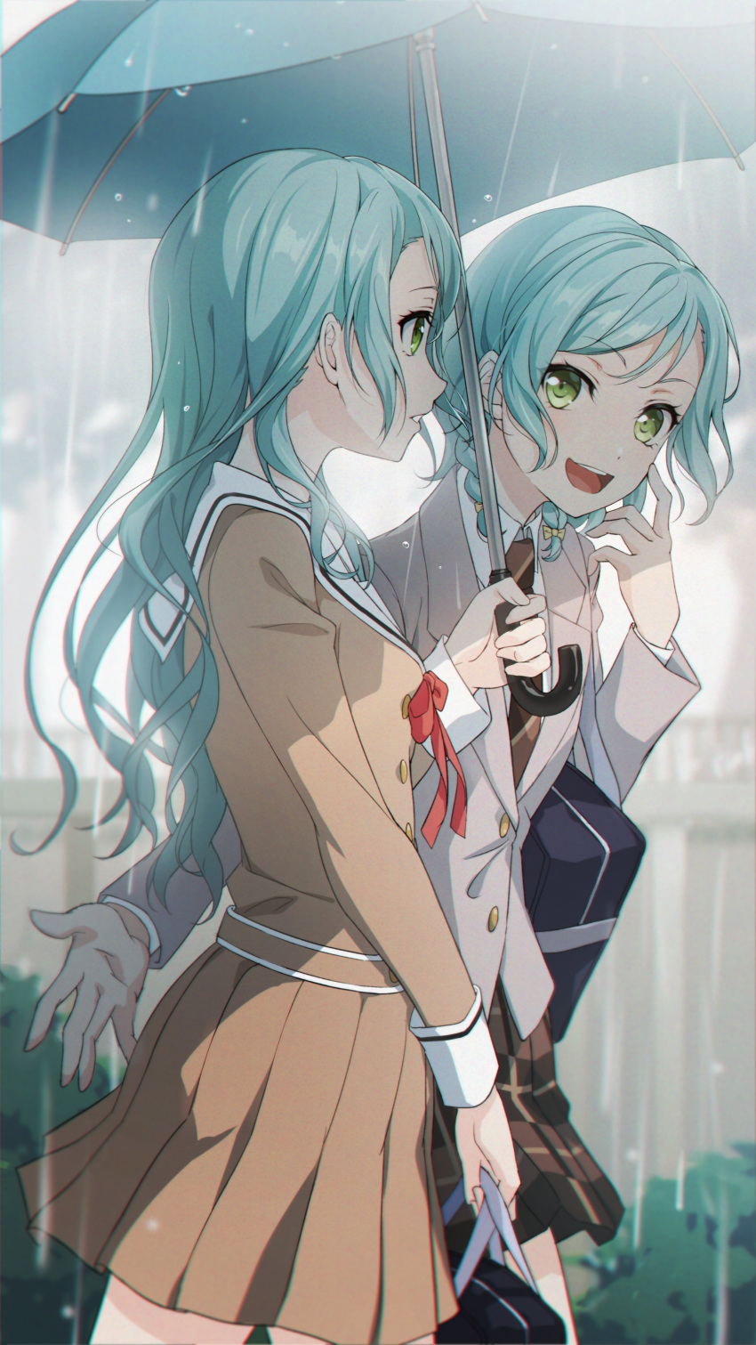 2girls :d absurdres bag bang_dream! bangs blazer blurry blurry_background braid brown_neckwear brown_shirt brown_skirt checkered checkered_skirt collared_shirt cowboy_shot day green_eyes green_hair green_umbrella grey_jacket hanasakigawa_school_uniform hand_on_own_cheek hand_on_own_face haneoka_school_uniform highres hikawa_hina hikawa_sayo holding holding_bag holding_umbrella jacket leaning_forward long_hair long_sleeves looking_at_another miniskirt mochipuyo multiple_girls necktie open_mouth outdoors plaid plaid_skirt pleated_skirt profile rain red_ribbon ribbon sailor_collar school_bag school_uniform shirt short_hair siblings side_braid sidelocks sisters skirt smile swept_bangs twins umbrella walking wavy_hair white_shirt wing_collar