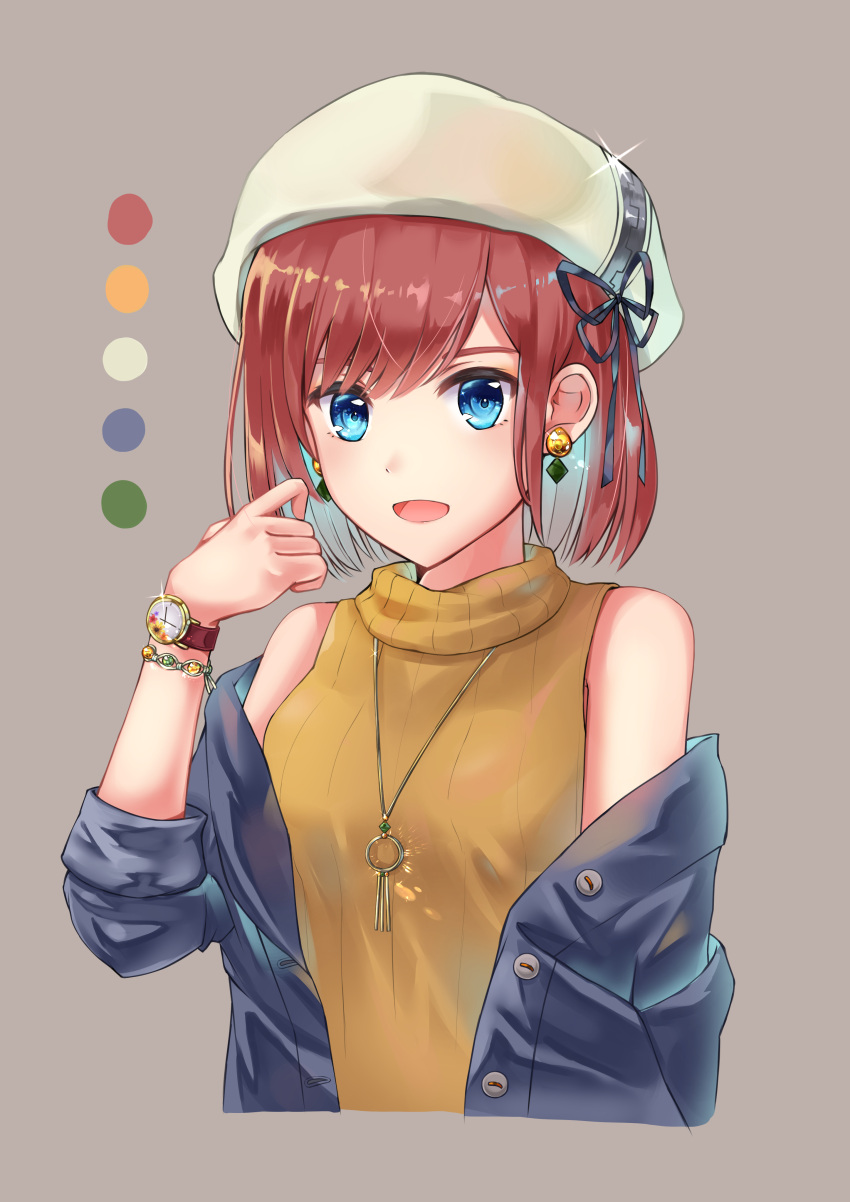 1girl absurdres blue_eyes breasts deco_(fj_eel) hat highres jacket jewelry kairi_(kingdom_hearts) kingdom_hearts kingdom_hearts_iii looking_at_viewer necklace open_mouth redhead short_hair simple_background sleeveless smile solo sweater turtleneck turtleneck_sweater watch