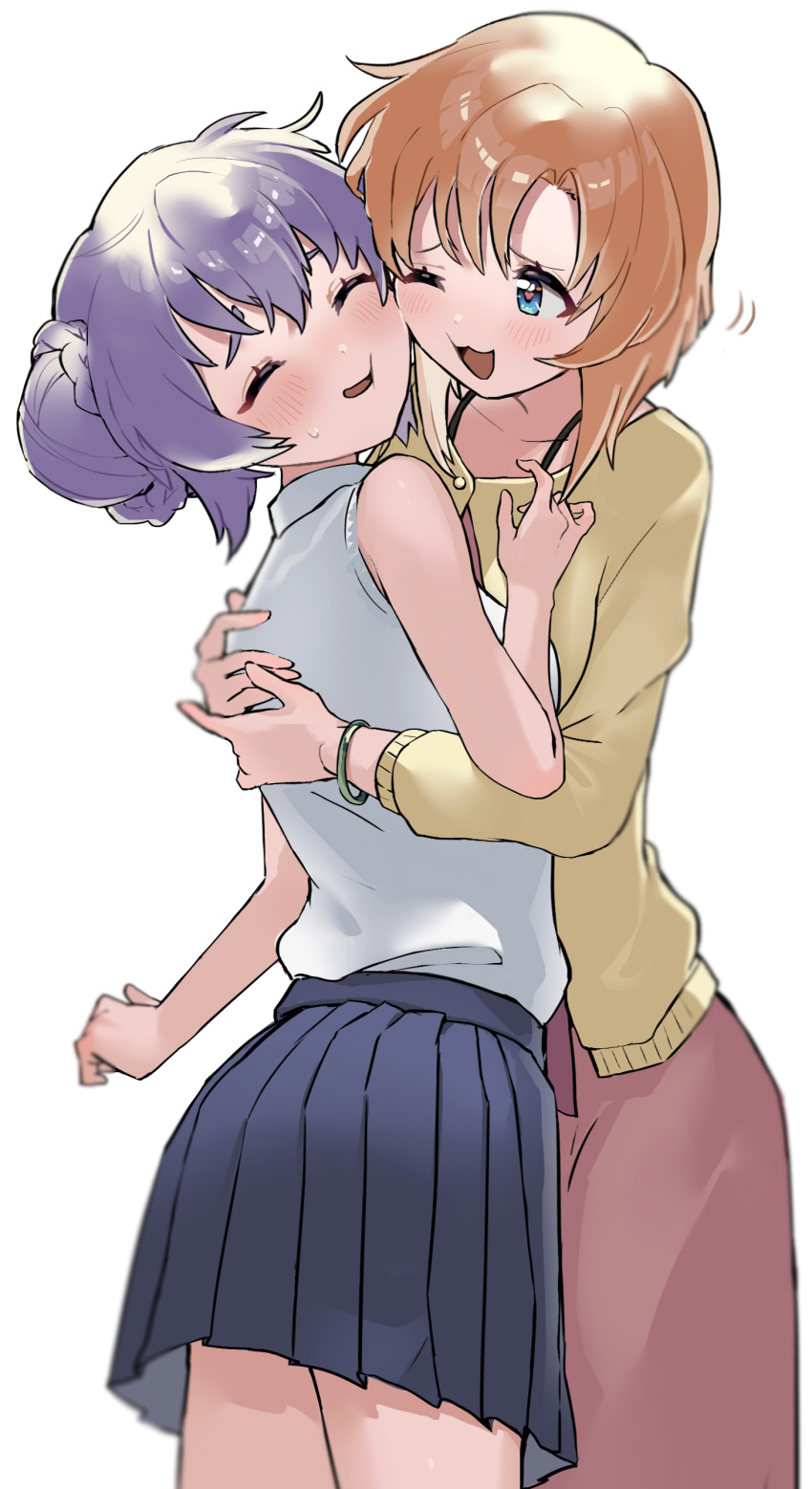 2girls :3 absurdres blue_eyes blue_skirt blush bracelet braid braided_bun cardigan cheek-to-cheek closed_eyes double_bun hanyuu highres higurashi_no_naku_koro_ni horns hug jewelry multiple_girls nuzzle oici_ne one_eye_closed orange_hair pleated_skirt purple_hair red_skirt ryuuguu_rena shirt short_hair simple_background skirt sleeveless sleeveless_shirt white_background white_shirt