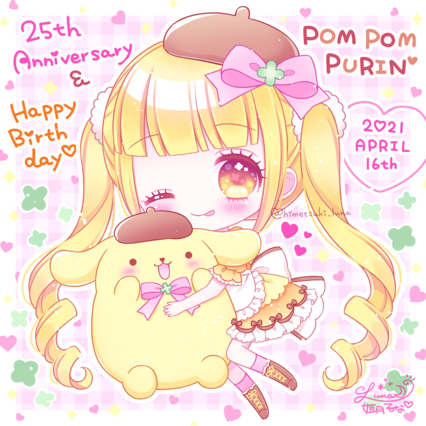 1girl ;p animal anniversary apron bangs beret blonde_hair blunt_bangs blush boots bow brown_eyes brown_footwear brown_headwear character_name closed_mouth commentary_request cross-laced_footwear dated dog dress eyebrows_visible_through_hair flower-shaped_pupils frilled_apron frilled_dress frills happy_birthday hat heart himetsuki_luna lace-up_boots long_hair one_eye_closed orange_dress personification pink_background pink_bow plaid plaid_background pompompurin puffy_short_sleeves puffy_sleeves purple_legwear ringlets sanrio short_sleeves smile socks sparkle tongue tongue_out twintails twitter_username very_long_hair white_apron