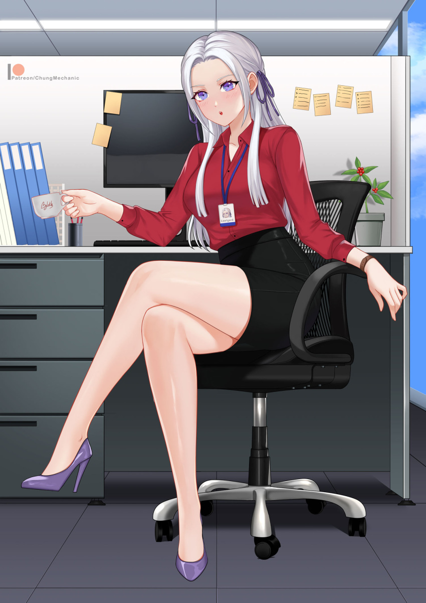 1girl bangs blush breasts chungmechanic collared_shirt edelgard_von_hresvelg fire_emblem fire_emblem:_three_houses fire_emblem_heroes formal gloves hair_ornament highres large_breasts long_hair looking_at_viewer mature_female office_lady pencil_skirt ribbon shirt simple_background skirt skirt_suit solo suit violet_eyes white_hair
