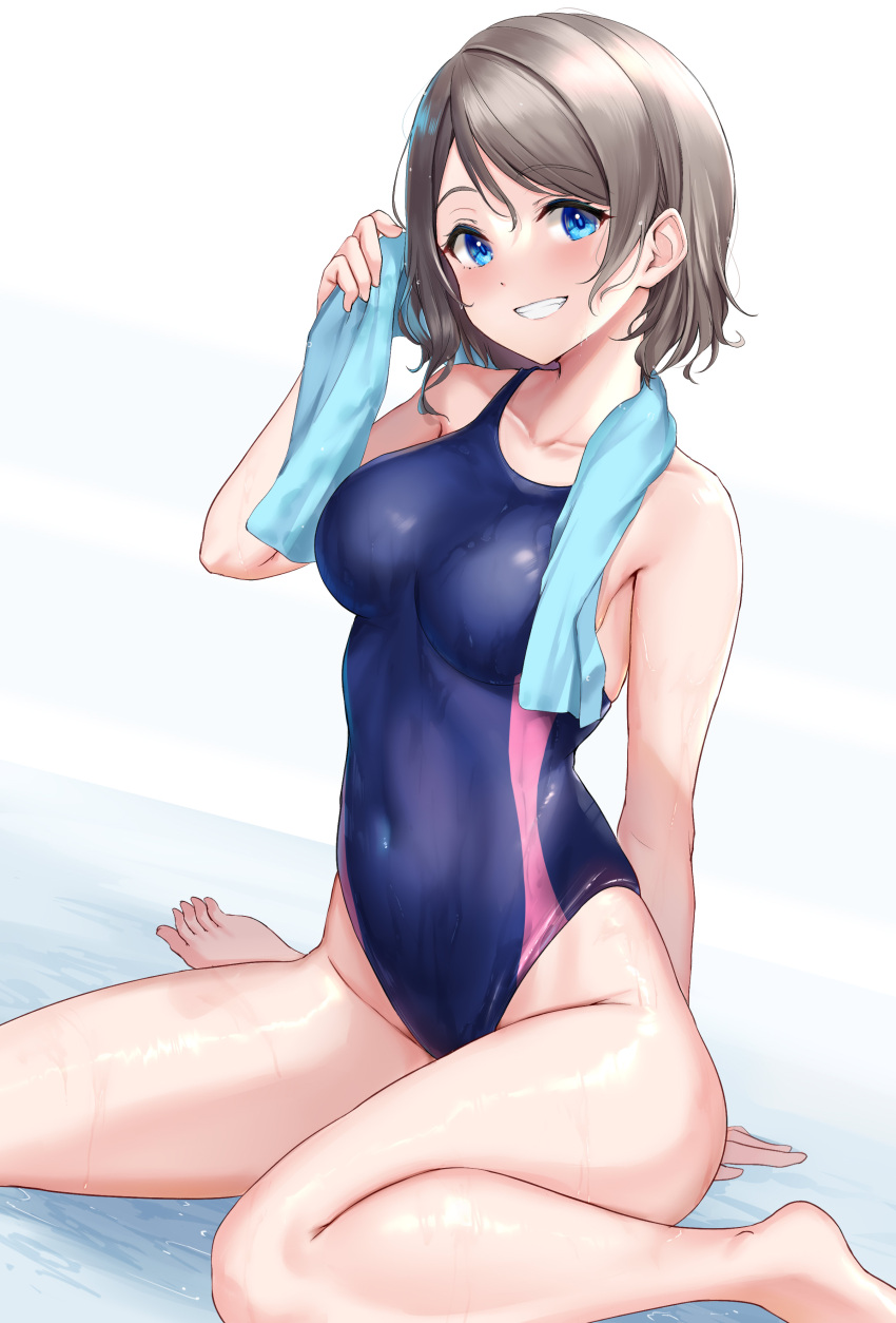 1girl absurdres bangs blue_eyes blush competition_swimsuit covered_navel eyebrows_visible_through_hair grey_hair highres kneeling looking_at_viewer love_live! love_live!_sunshine!! one-piece_swimsuit rama_(yu-light8) short_hair simple_background smile solo swimsuit teeth towel watanabe_you white_background