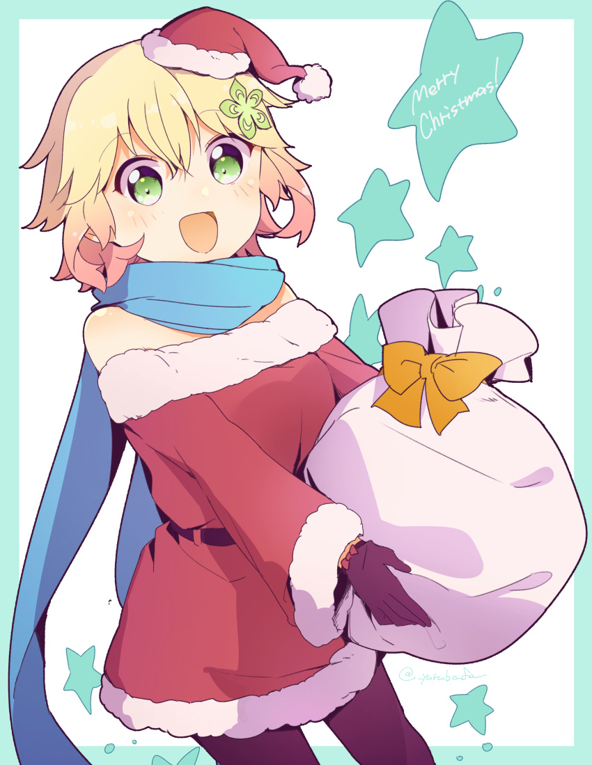 1girl absurdres alternate_costume bafarin black_gloves blonde_hair blue_scarf dress flower fur-trimmed_dress fur_trim gabriel_dropout gift_bag gloves green_eyes green_flower hair_flower hair_ornament happy hat highres long_sleeves looking_at_viewer merry_christmas pantyhose red_dress santa_costume santa_hat scarf short_dress solo starry_background strapless strapless_dress tapris_chisaki_sugarbell tapris_sugar_step white_background
