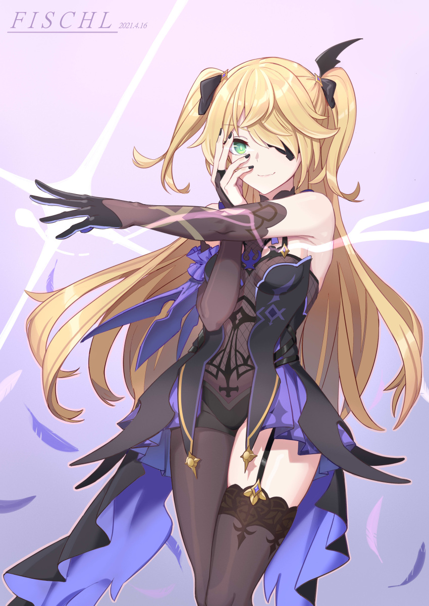 1girl absurdres aqua_eyes bare_shoulders black_gloves black_legwear blonde_hair breasts elbow_gloves eyepatch fischl_(genshin_impact) garter_straps genshin_impact gloves hfp~kubiao highres long_hair looking_at_viewer see-through smile solo thigh-highs two_side_up
