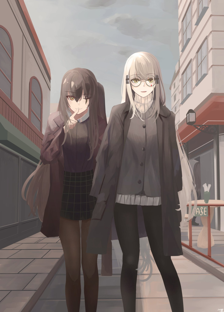 2girls bangs black_coat black_pants black_skirt brown_coat brown_eyes brown_hair brown_shirt building clouds coat eyebrows_visible_through_hair facial_mark feet_out_of_frame finger_to_mouth girls_frontline glasses grey_vest highres hk416_(girls_frontline) kanoe_(kanoe502) lamp long_hair looking_at_viewer multiple_girls one_eye_closed open_mouth outdoors pants pantyhose plaid plaid_skirt round_eyewear sheer_legwear shirt side_ponytail silver_hair skirt sky standing sweater turtleneck turtleneck_sweater ump45_(girls_frontline) very_long_hair vest white_sweater yellow_eyes