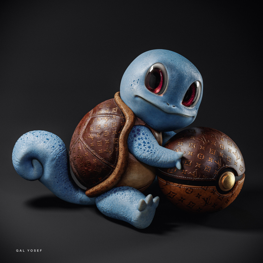 3d black_background blue_skin closed_mouth colored_skin commentary english_commentary galyosef gen_1_pokemon highres looking_at_viewer louis_vuitton_(brand) poke_ball pokemon realistic red_eyes shell simple_background sitting solo squirtle tagme tail