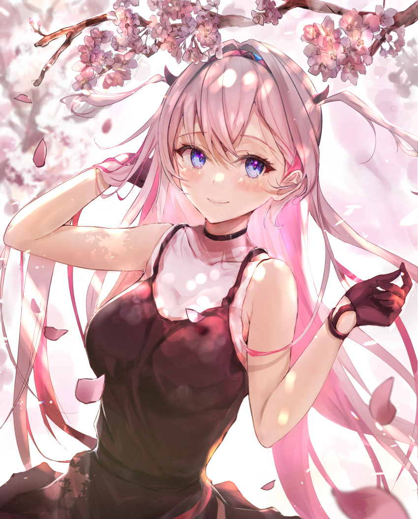 1girl avatar_2.0_project bangs bare_shoulders black_dress black_gloves blue_eyes blush breasts cherry_blossoms colored_inner_hair commentary_request dress gloves hairband hands_up highres horns long_hair looking_at_viewer medium_breasts mugiusagi multicolored_hair musubime_yui petals pink_hair sleeveless sleeveless_dress smile solo two_side_up virtual_youtuber