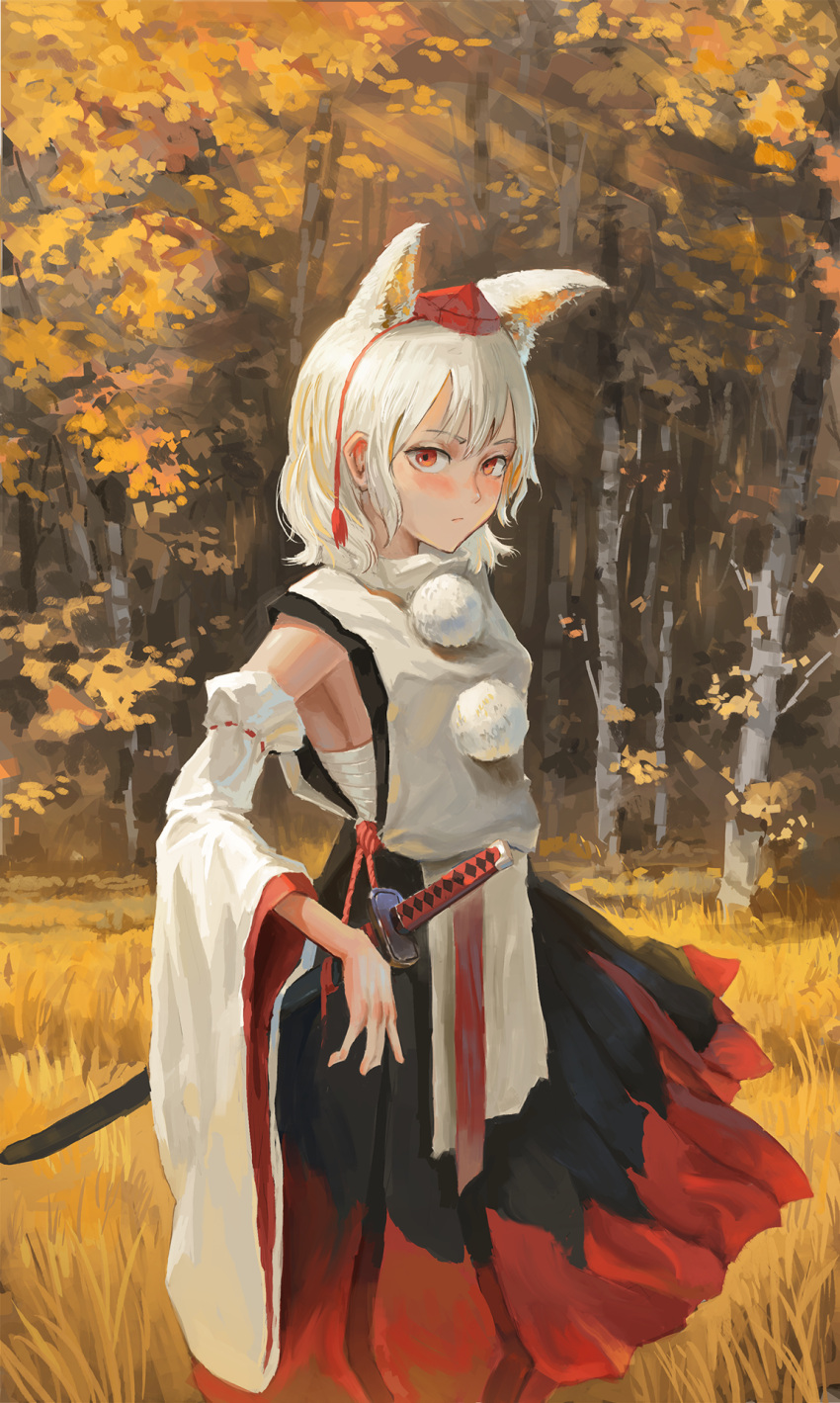 1girl animal_ears autumn_leaves black_skirt blush day detached_sleeves expressionless feet_out_of_frame fjsmu forest hat highres inubashiri_momiji japanese_clothes kariginu looking_at_viewer nature outdoors pom_pom_(clothes) red_eyes red_headwear red_skirt sarashi scabbard sheath sheathed short_hair skirt solo standing sword tokin_hat touhou two-tone_skirt weapon white_hair wolf_ears