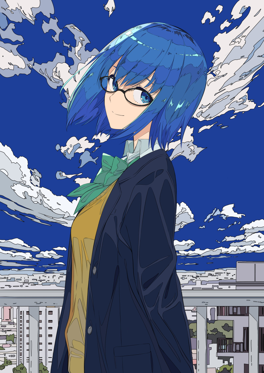 1girl absurdres bangs black_jacket blazer blue_eyes blue_hair blurry bow bowtie building ciel_(tsukihime) clouds collared_shirt commentary_request day depth_of_field fence from_side glasses green_neckwear highres jacket looking_at_viewer school_uniform shirt short_hair sky solo standing tsukihime tsukihime_(remake) upper_body vest white_shirt xtango yellow_vest