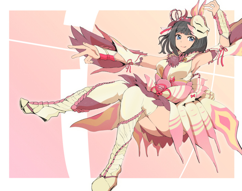 1girl armor bangs bare_shoulders black_hair blunt_bangs breasts detached_sleeves fox_mask gloves highres hood japanese_clothes looking_at_viewer mask mizutsune_(armor) monster_hunter_(series) monster_hunter_rise parted_lips ryouseirui short_hair skirt solo thigh-highs