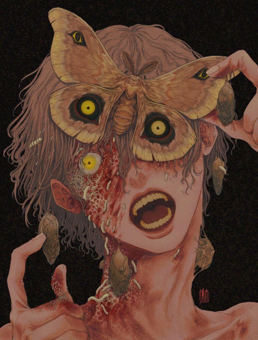 1boy black_background blood brown_hair bug cocoon creature_inside dahui_wang guro hands_up highres hole_on_body horror_(theme) insect looking_at_viewer maggot moth open_mouth original pain portrait short_hair simple_background solo trypophobia yellow_eyes