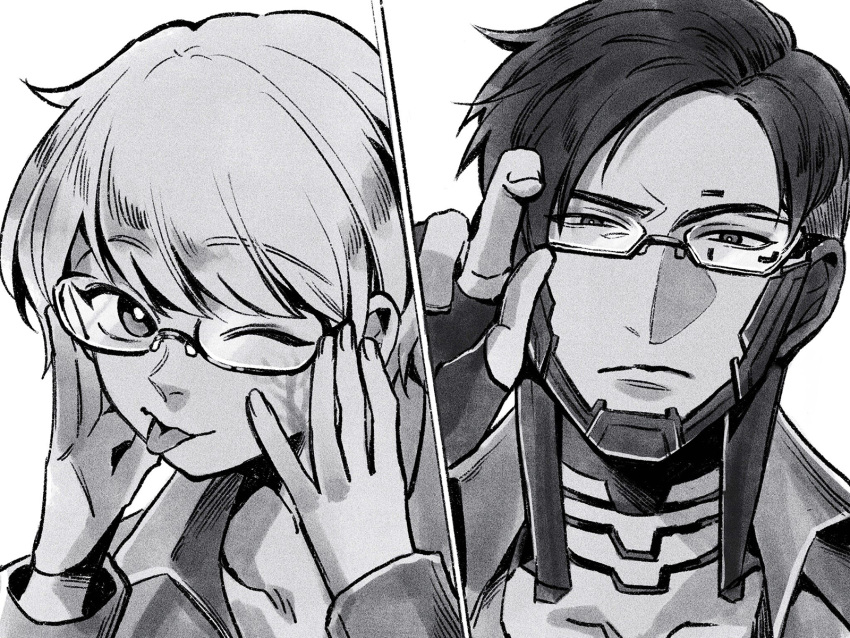 1boy 1girl apex_legends bangs bespectacled bright_pupils close-up crypto_(apex_legends) eyebrows_visible_through_hair glasses greyscale hair_behind_ear head_tilt highres lichtenberg_figure looking_at_viewer looking_to_the_side monochrome mozuwaka one_eye_closed parted_hair scar scar_on_cheek scar_on_face short_hair tongue tongue_out wattson_(apex_legends) white_pupils
