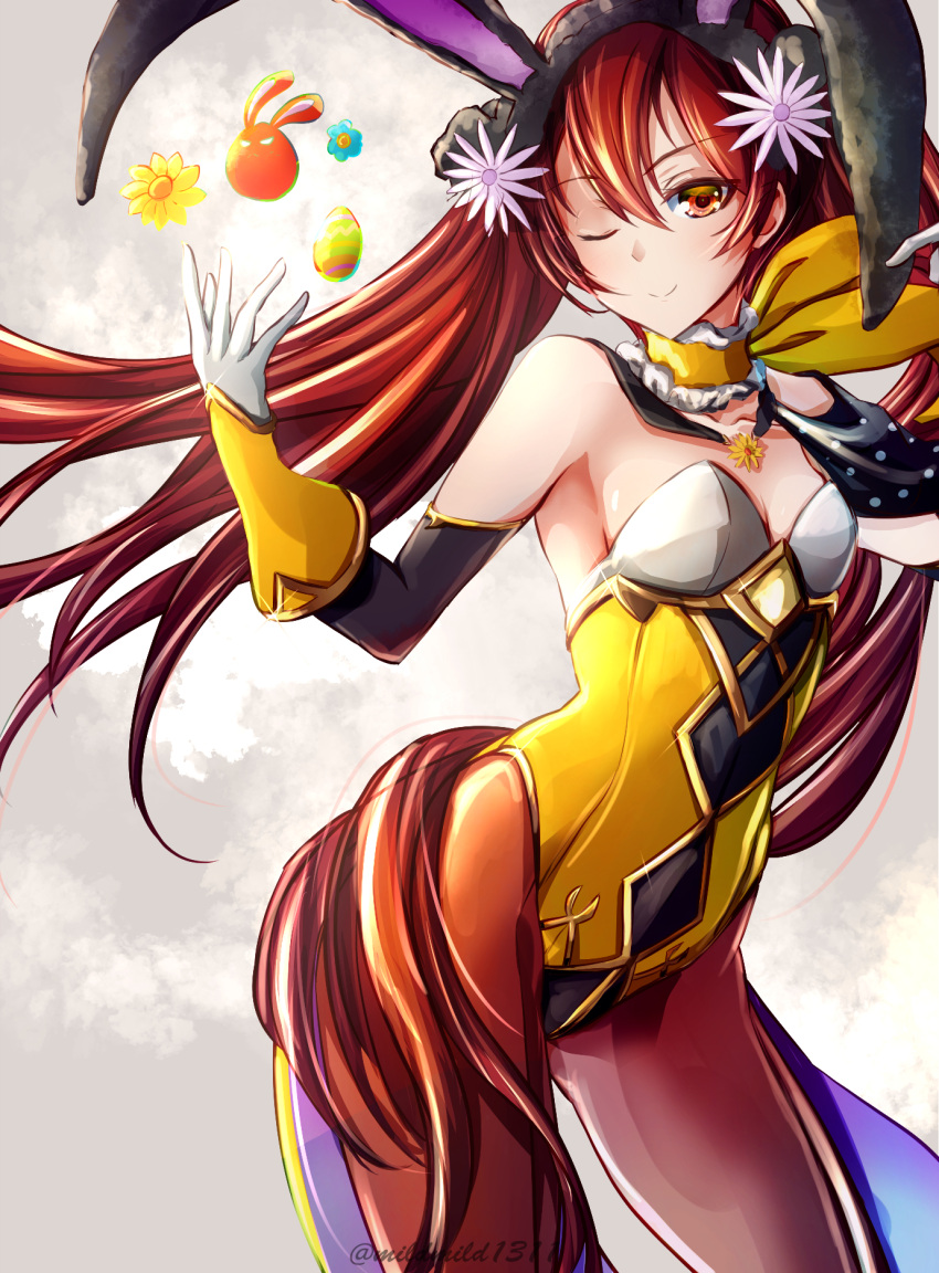 1girl ;) animal_ears bangs bare_shoulders breasts clear_glass_(mildmild1311) collarbone detached_sleeves fake_animal_ears fire_emblem fire_emblem_awakening fire_emblem_heroes gloves hair_between_eyes highres leotard long_hair looking_at_viewer neckwear official_alternate_costume one_eye_closed playboy_bunny rabbit_ears red_eyes redhead severa_(fire_emblem) smile solo twintails very_long_hair