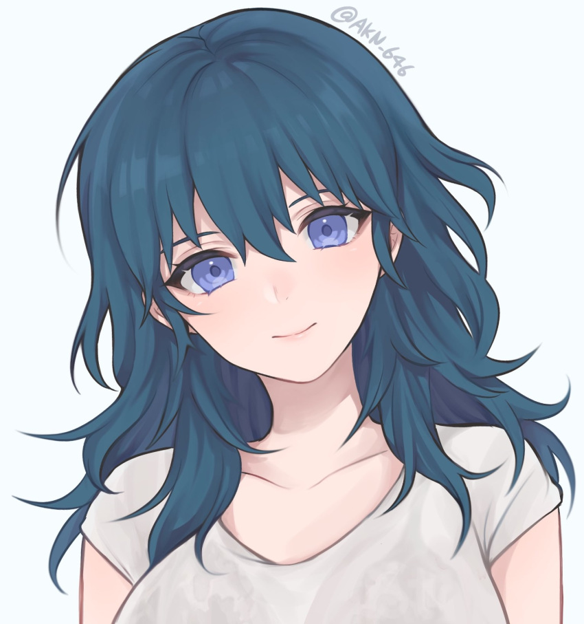 1girl artist_name blue_eyes blue_hair byleth_(fire_emblem) byleth_eisner_(female) commentary fire_emblem fire_emblem:_three_houses highres light_smile long_hair looking_at_viewer portrait see-through_shirt shimizu_akina shirt simple_background smile solo twitter_username white_background white_shirt