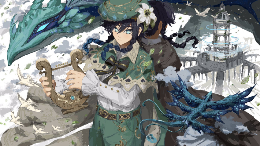 2boys androgynous animal back-to-back bangs beret bird black_hair blue_hair bow braid brown_cloak cape chasefox cloak collared_cape collared_shirt dragon dvalin_(genshin_impact) english_commentary flower frilled_sleeves frills genshin_impact gradient_hair green_eyes green_headwear green_shorts hat hat_flower highres holding holding_instrument instrument leaf long_sleeves looking_at_viewer lyre male_focus multicolored_hair multiple_boys nameless_bard_(genshin_impact) ruins shirt short_hair_with_long_locks shorts smile twin_braids venti_(genshin_impact) white_flower white_shirt