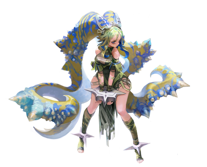 1girl absurdres blue_eyes breasts cuffs english_commentary full_body green_hair highres medium_breasts original personification runny_makeup sea_slug shackles short_hair_with_long_locks simple_background solo standing vexxxxa white_background