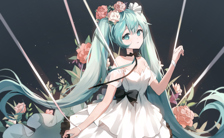 1girl aqua_eyes aqua_hair bare_shoulders black_background black_ribbon commentary dress flower hair_flower hair_ornament hand_up hatsune_miku highres long_hair looking_at_viewer miku_with_you_(vocaloid) neck_ribbon parted_lips pink_flower pink_rose red_flower red_rose ribbon rose solo strapless strapless_dress toory twintails upper_body very_long_hair vocaloid white_dress white_flower white_ribbon white_rose