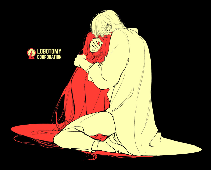 1boy 1girl ayin_(project_moon) black_background carmen_(project_moon) ggame_ming high_ponytail highres hug lab_coat lobotomy_corporation long_hair long_sleeves multiple_monochrome pants project_moon red_theme shoes simple_background very_long_hair yellow_theme
