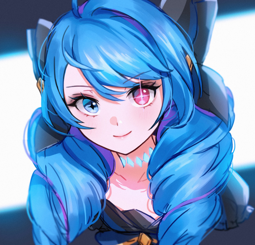 1girl ahoge apple_eden black_dress blue_eyes blue_hair blush closed_mouth dress drill_hair frills gwen_(league_of_legends) hair_ornament hair_ribbon heterochromia highres jewelry league_of_legends long_hair looking_at_viewer multicolored multicolored_eyes necklace red_eyes ribbon smile solo star-shaped_pupils star_(symbol) symbol-shaped_pupils twin_drills twintails