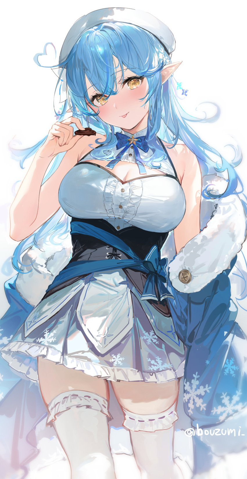 1girl :p absurdres ahoge bare_shoulders blue_coat blue_hair blue_skirt breasts candy center_frills chocolate chocolate_heart cleavage_cutout clothing_cutout coat corset food frilled_legwear frilled_skirt frills fur_collar heart heart_ahoge highres holding holding_chocolate holding_food hololive large_breasts looking_at_viewer off_shoulder pleated_skirt pointing shirt simple_background skirt sleeveless sleeveless_shirt snowflake_print solo thigh-highs tongue tongue_out twitter_username umibouzu_(niito) underbust virtual_youtuber white_background white_headwear white_legwear white_shirt yellow_eyes yukihana_lamy zettai_ryouiki