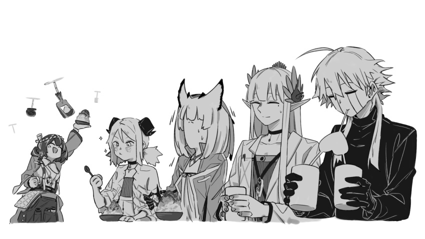 5girls ahoge apron arknights black_choker black_gloves black_sweater choker closed_eyes collarbone collared_shirt crazy_straw crying drinking_straw drone eating feathers gloves greyscale hair_ornament heart_straw highres holding holding_spoon horns ifrit_(arknights) long_hair magallan_(arknights) magallan_(shaved-ice_memories)_(arknights) mayer_(arknights) mole mole_under_eye monochrome motion_lines muelsyse_(arknights) multicolored_hair multiple_girls pen_in_pocket ptilopsis_(arknights) shaved_ice shirt short_hair_with_long_locks short_twintails simple_background sparkle spoon streaked_hair sweatdrop sweater turtleneck twintails white_background zy