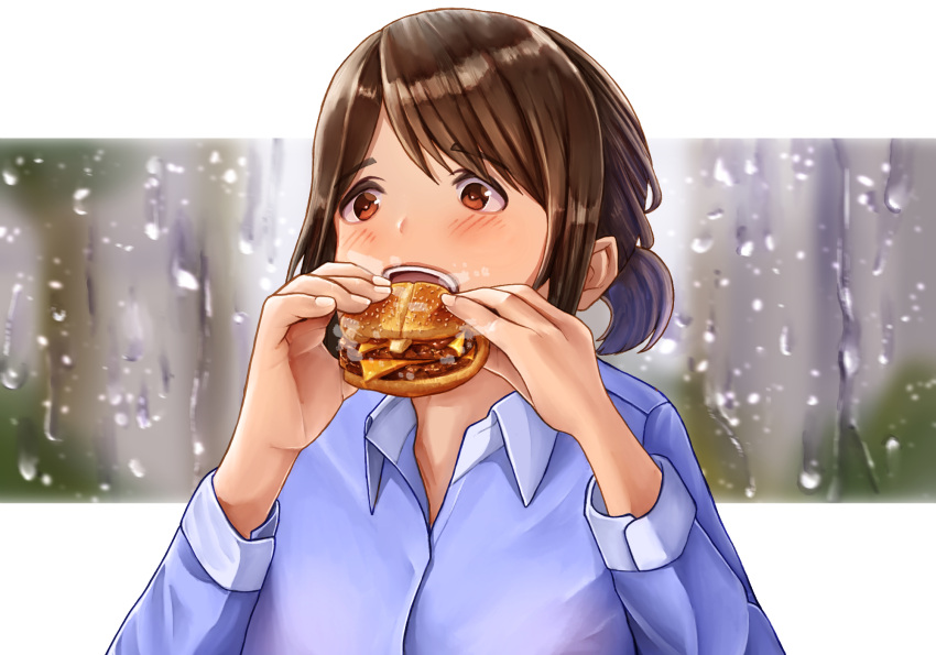 1girl blue_shirt blush brown_eyes brown_hair douki-chan_(yomu_(sgt_epper)) eating food ganbare_douki-chan hamburger highres kaneko_ryou medium_hair office_lady shirt upper_body