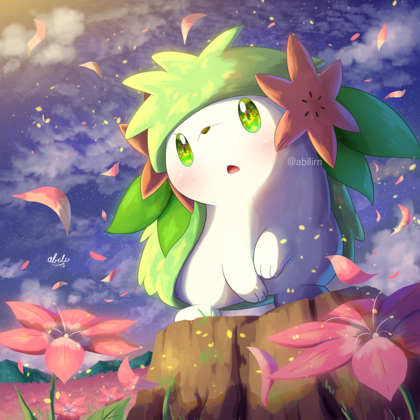 absurdres blush clouds commentary_request field flower flower_field green_eyes highres night no_humans open_mouth outdoors petals pink_flower pokemer pokemon pokemon_(creature) shaymin shaymin_(land) sky solo star_(sky) tongue twitter_username