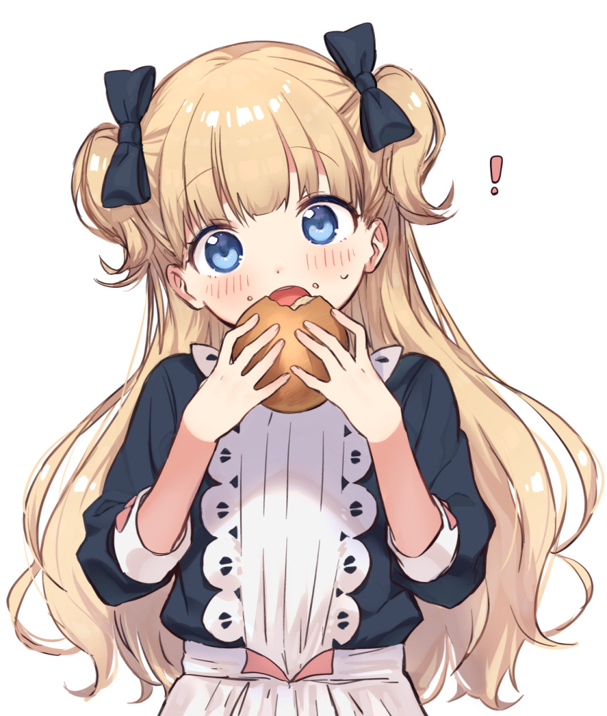 ! 1girl :o black_bow black_shirt blonde_hair blush bow commentary_request eating emilyko food food_on_face hair_bow hands_up head_tilt highres holding holding_food long_hair long_sleeves looking_at_viewer open_mouth otou_mamayo puffy_long_sleeves puffy_sleeves shadows_house shirt simple_background skirt solo two_side_up upper_teeth very_long_hair white_background white_skirt